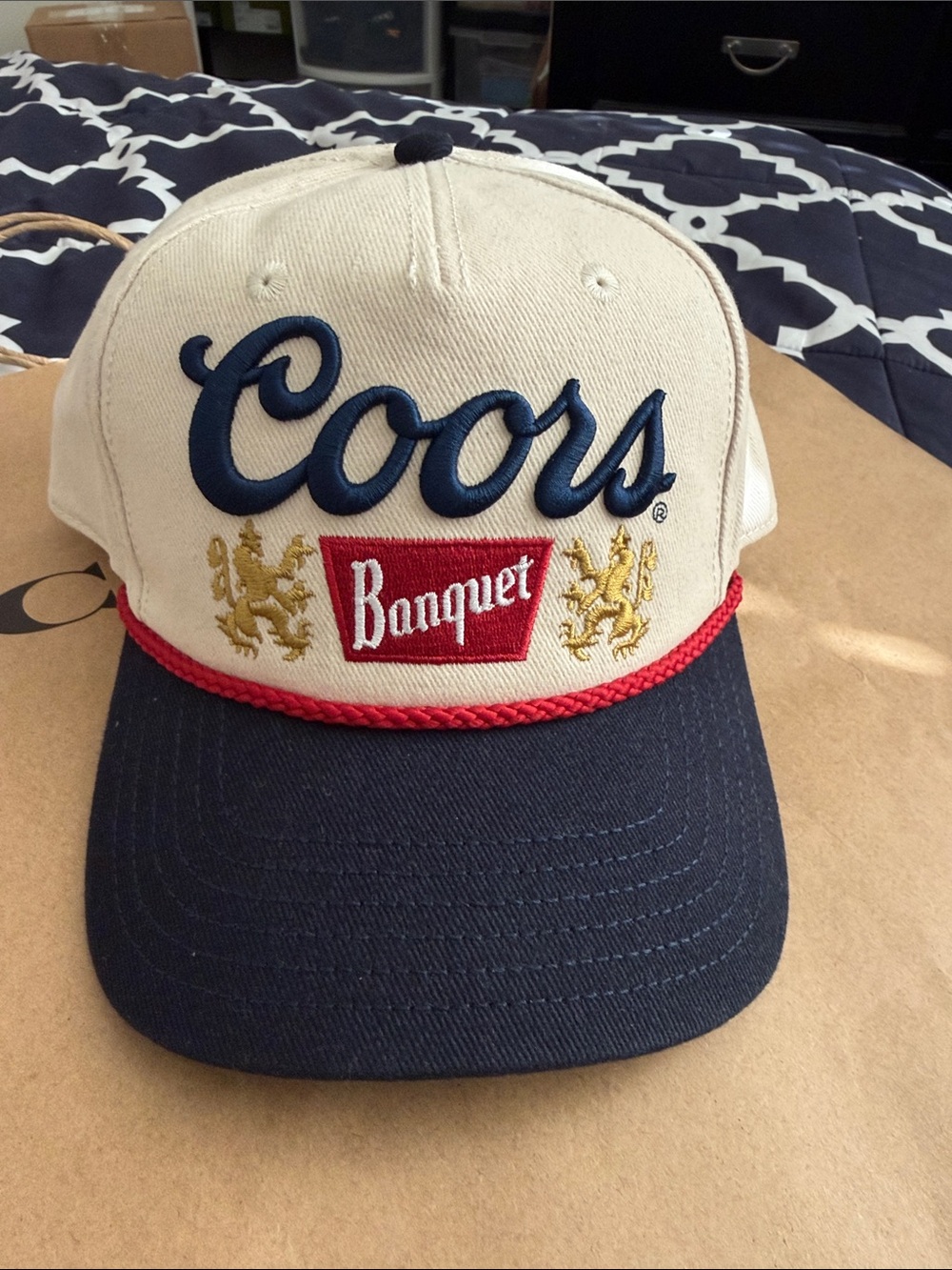 MAD Engine Coors Banquet Embroidered Baseball Hat in Cream, Navy and Red